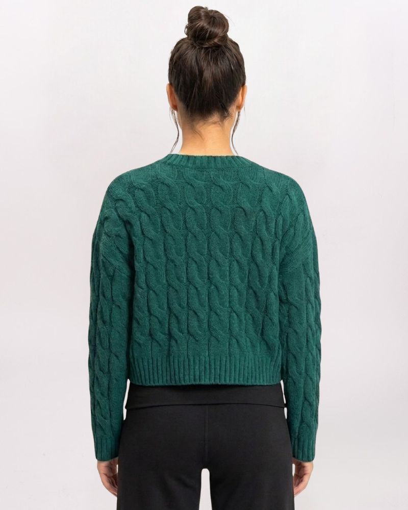 CHENILLE BRAIDED CABLE SWEATER, DK GREEN