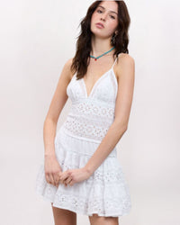 SL CROCHET PIECED FLARE DRESS, WHITE