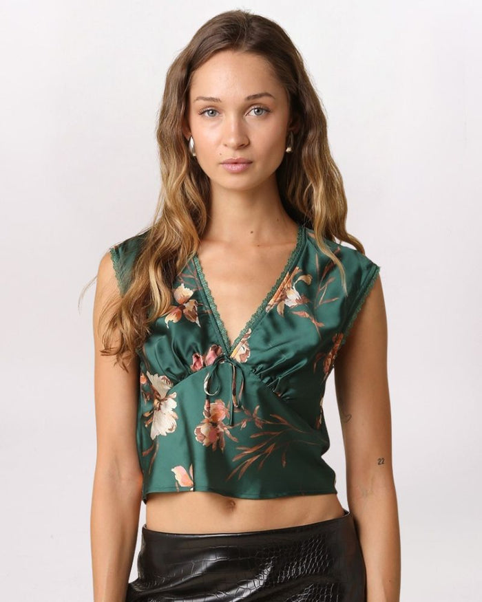 SOFT FLORAL PLUNGE NECK TOP, DK GRN PCH