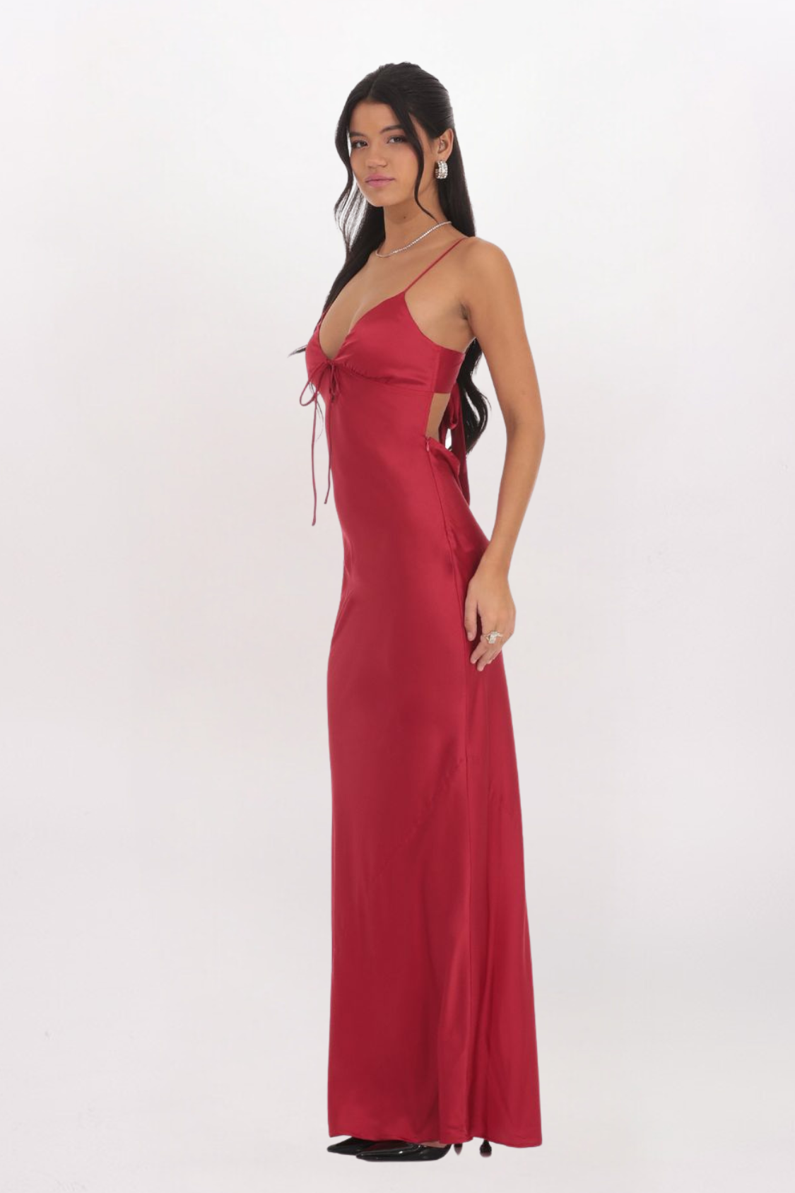 TIE FRONT SATIN MAXI DRESS