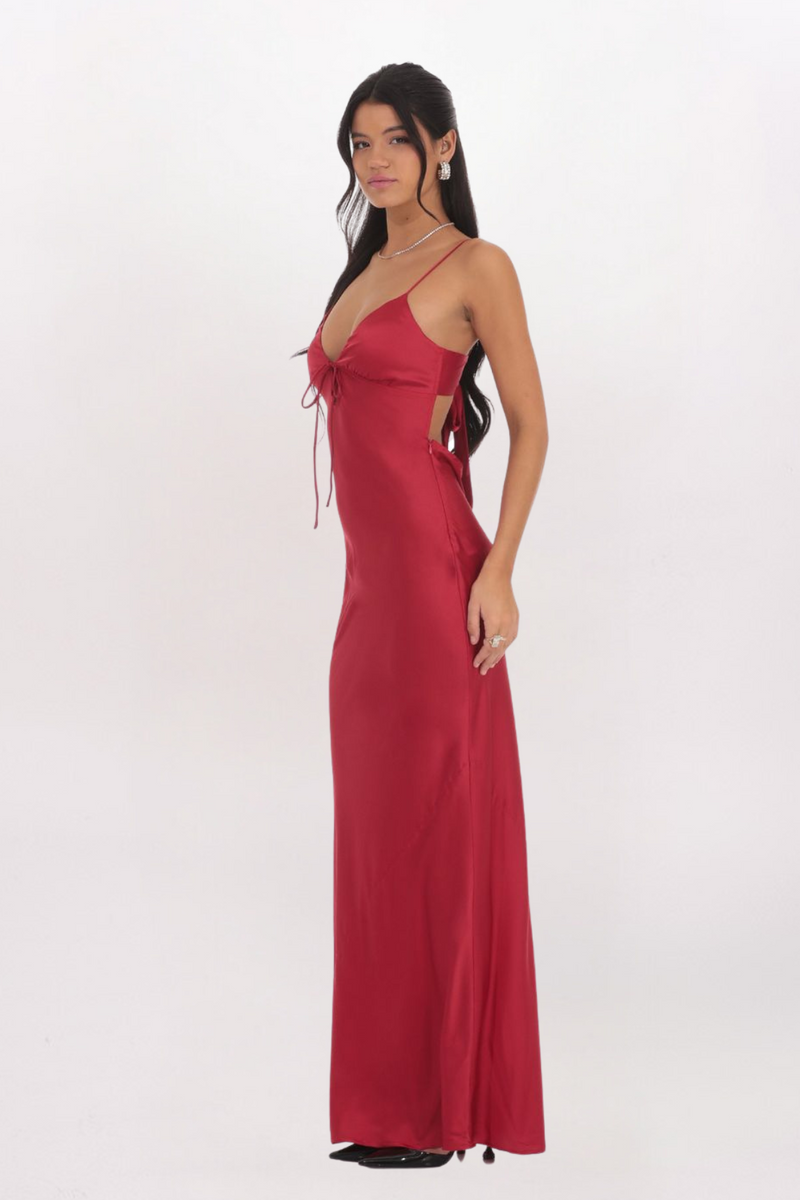 TIE FRONT SATIN MAXI DRESS