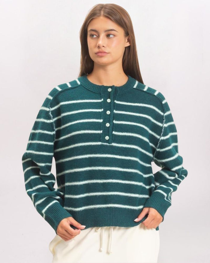 STRIPED HENLEY SWEATER, DK GREEN