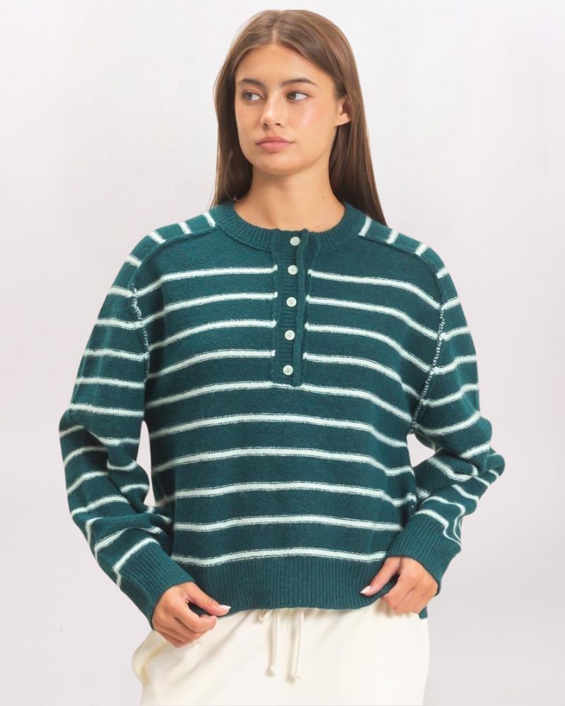 STRIPED HENLEY SWEATER, DK GREEN