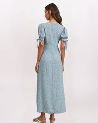 SS FLORAL DBL SLIT MAXI DRESS, BLUE