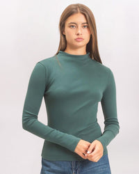 MOCK NECK TOP, DK GREEN
