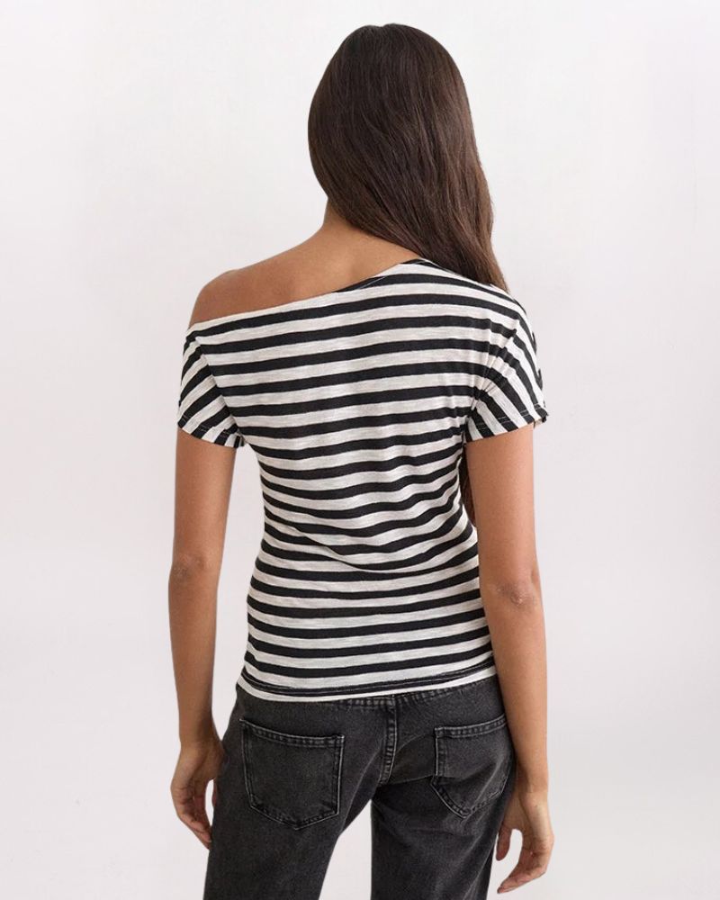 OFF SHOULDER STRIPED TOP, BLK/WHT