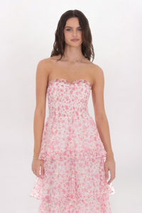 STRAPLESS SMOCKED FLORAL MAXI DRESS
