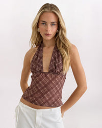 PLAID HALTER TOP, BROWN