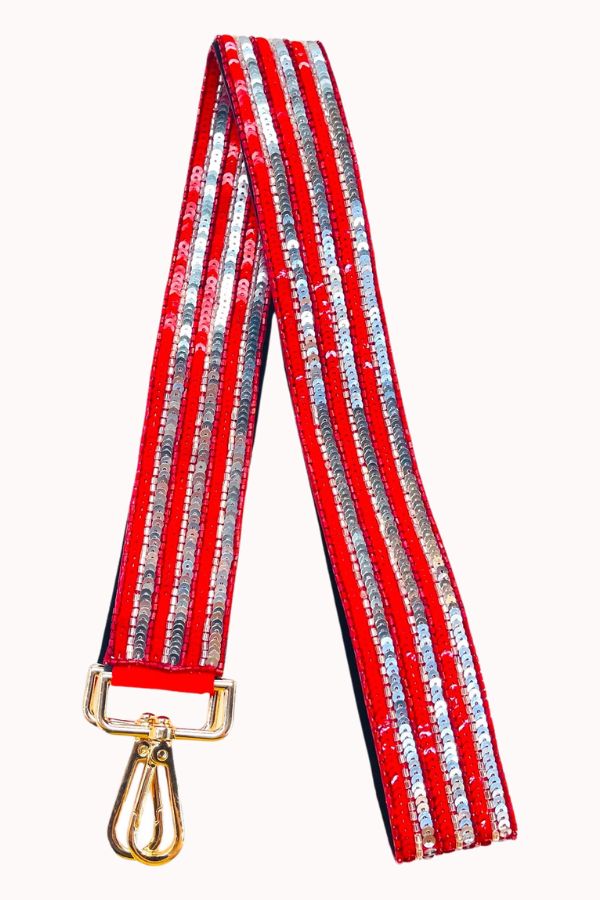 SEQUIN STRIPE BAG STRAP - RED & SILVER