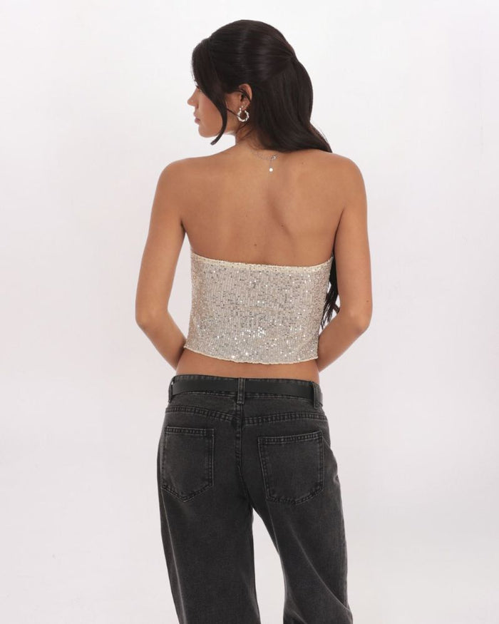 SEQUIN STRAPLESS FLYAWAY TOP