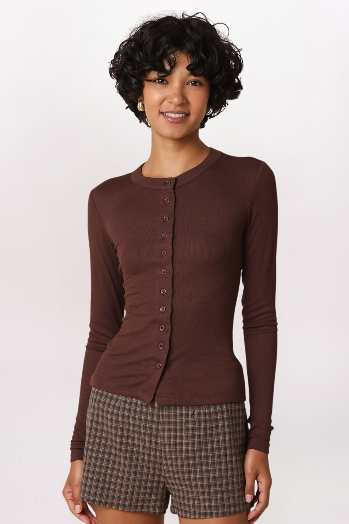 RIBBED CARDIGAN TOP, BROWN