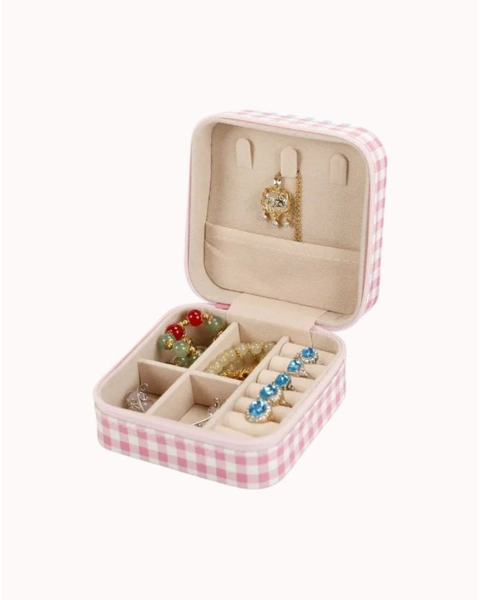 TRAVEL JEWELRY BOX - 3.75 X 3.75 - PINK GINGHAM