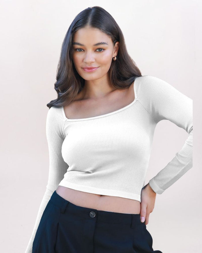 LS SQUARE NECK RIBBED TOP, WHITE