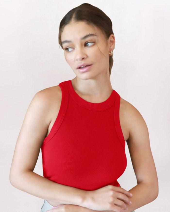 HIGH NECK RIB CROP - RED