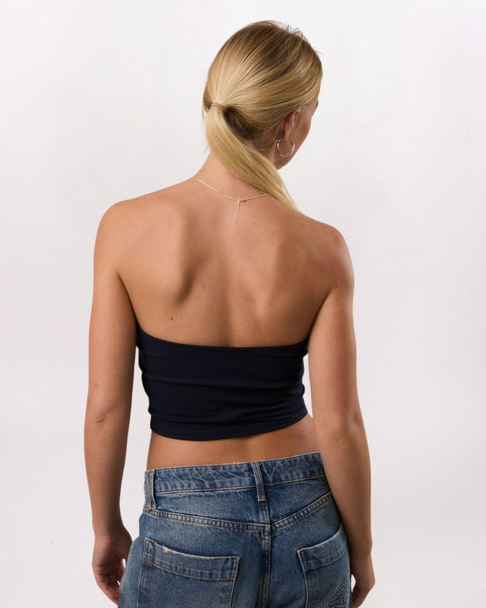 ASYMETRICAL DOUBLE LINED TUBE TOP, NAVY