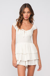 CLIP DOT SMOCK WAIST RUFFLE ROMPER, WHITE