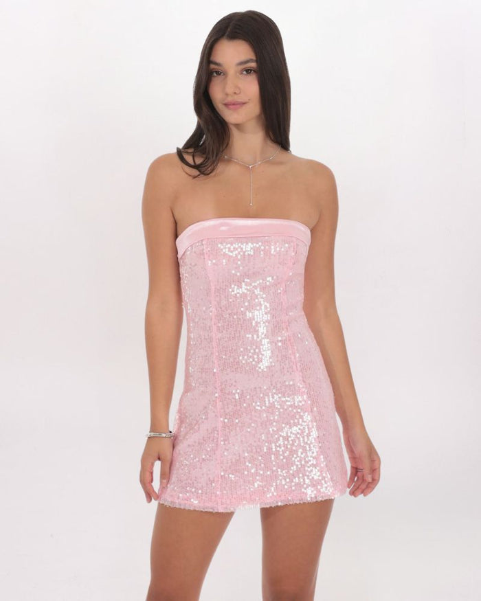 SATIN TRIM SEQUIN DRESS