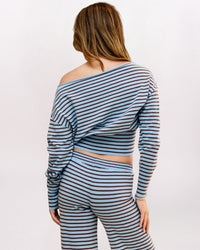 STRIPED OFF SHOULDER SWEATER, BRWN/BLUE