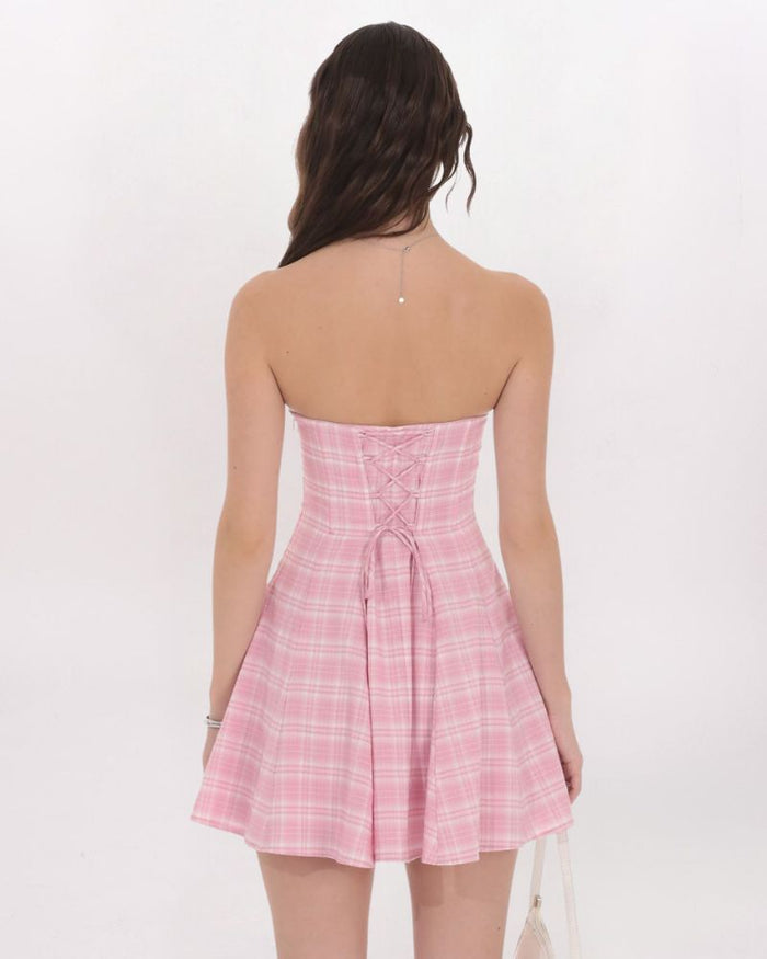 PLAID CORSET STRAPLESS DRESS, PINK