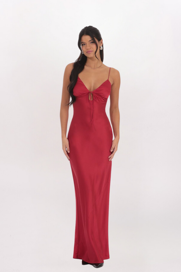 TIE FRONT SATIN MAXI DRESS
