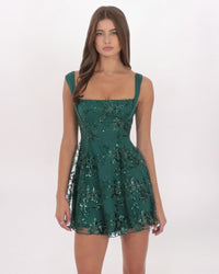 FLORAL SEQUIN FIT & FLARE DRESS