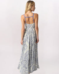 PIPED PAISLEY MAXI DRESS, WHITE/BLUE