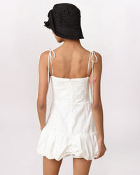 BUBBLE HEM TIE STRAP EYELET DRESS, WHITE