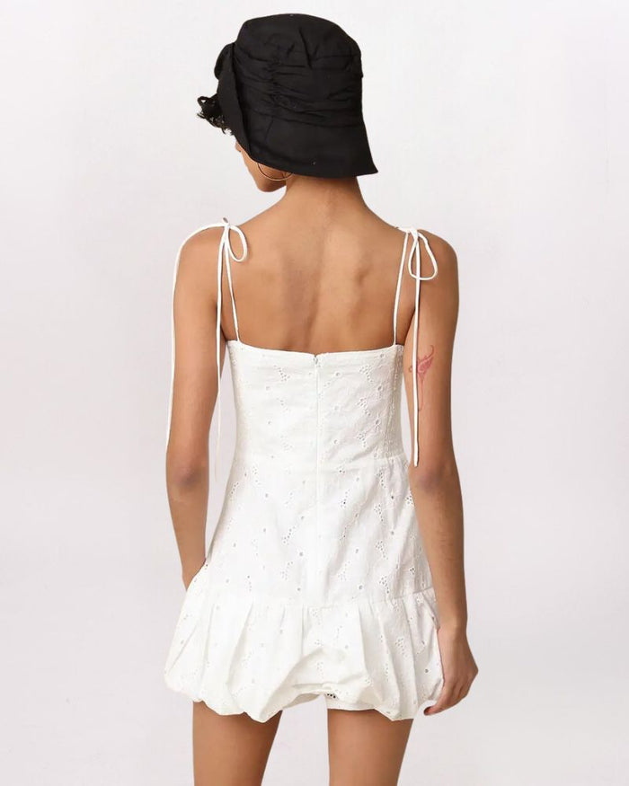 BUBBLE HEM TIE STRAP EYELET DRESS, WHITE