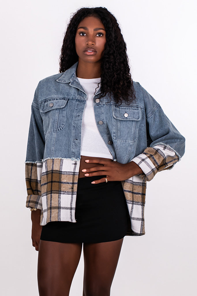 PLAID BOTTOM DENIM SHACKET