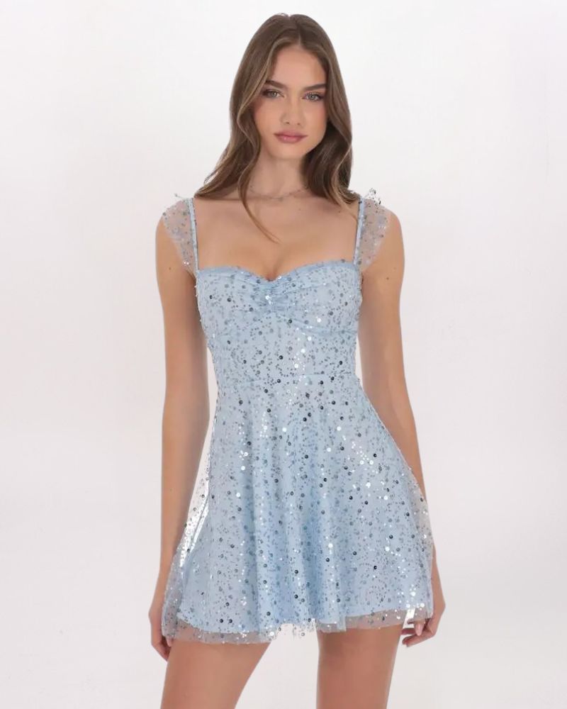 SEQUIN RUFFLE STRAP A-LINE DRESS