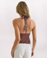 PLAID HALTER TOP, BROWN