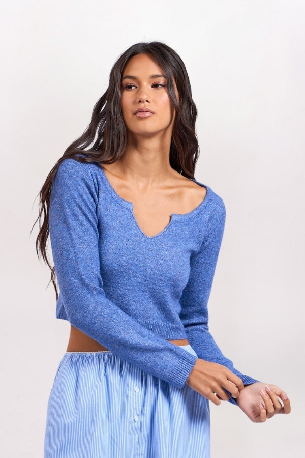 MARLED NOTCH NECK SWEATER - DENIM BLUE