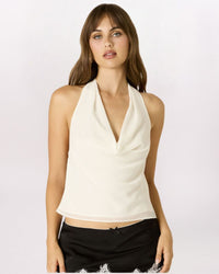 OPEN BACK DRAPE HALTER TOP, BONE