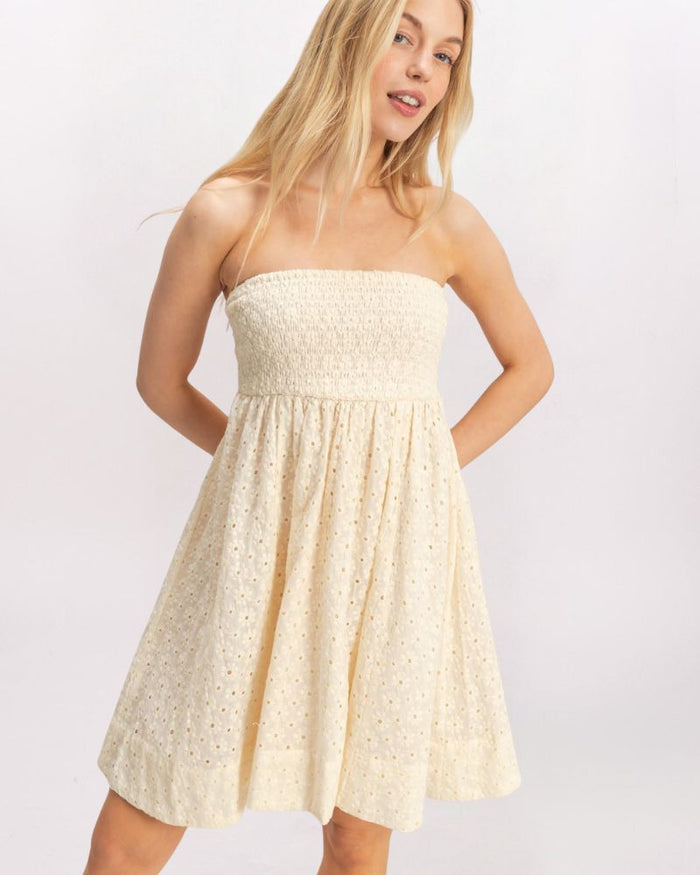 STRAPLESS TIE BACK SMOCKED DRESS, CREAM