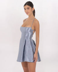METALLIC LACED BACK FLARE DRESS, SLT BLUE