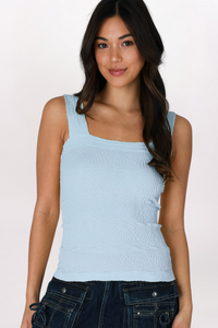 LACE TEXTURED SQUARE NECK TANK - BREEZY BLUE