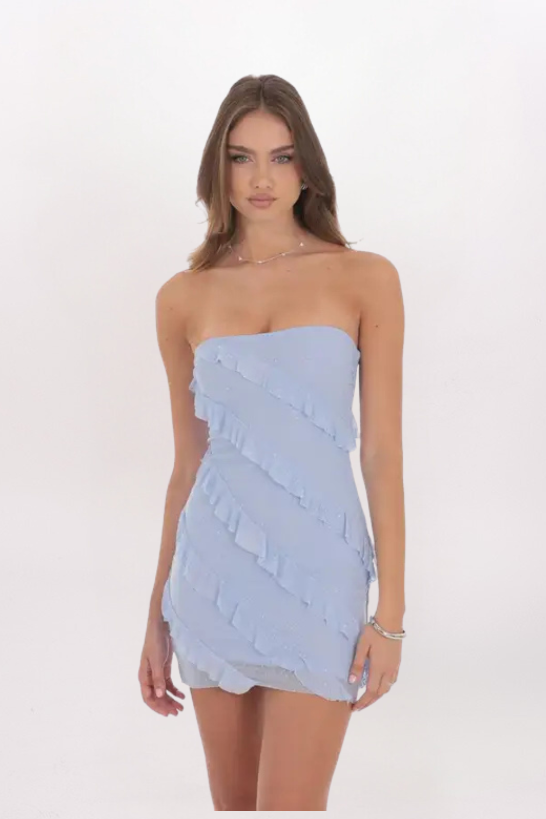 MESH RUFFLE RHINESTONE DRESS