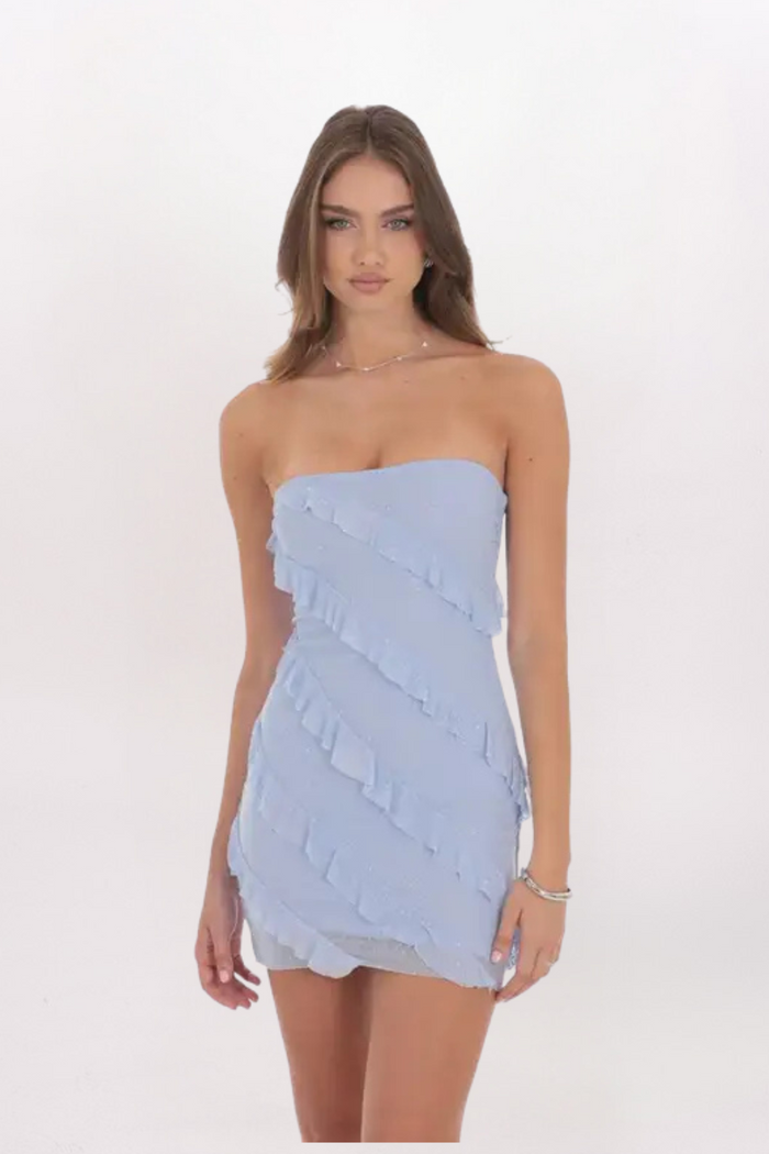 MESH RUFFLE RHINESTONE DRESS