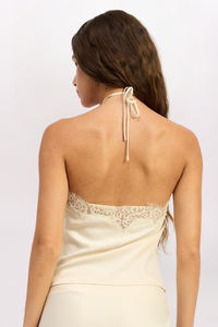 HIGH NECK LACE TRIM TOP, CREAM