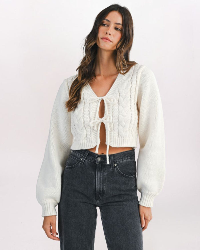 TIE FRONT CABLE CARDIGAN, CREAM