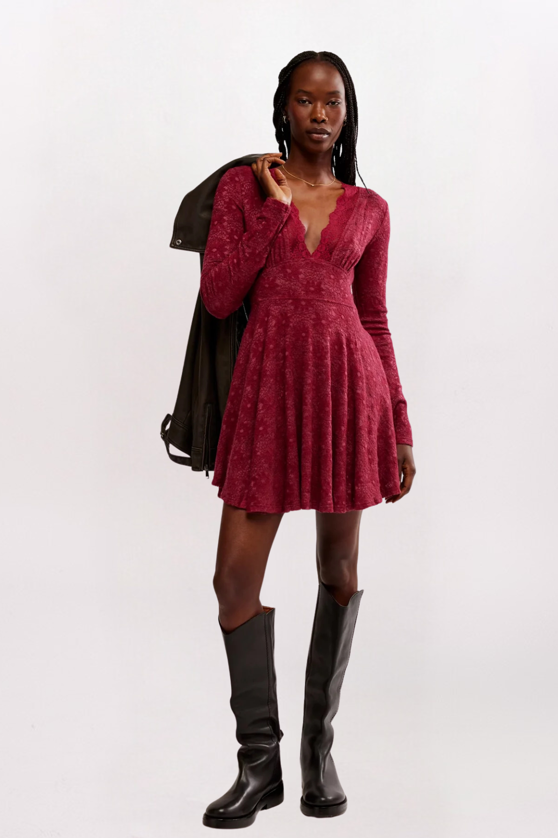 ALL YOURS LACE MINI DRESS - RED PLUM