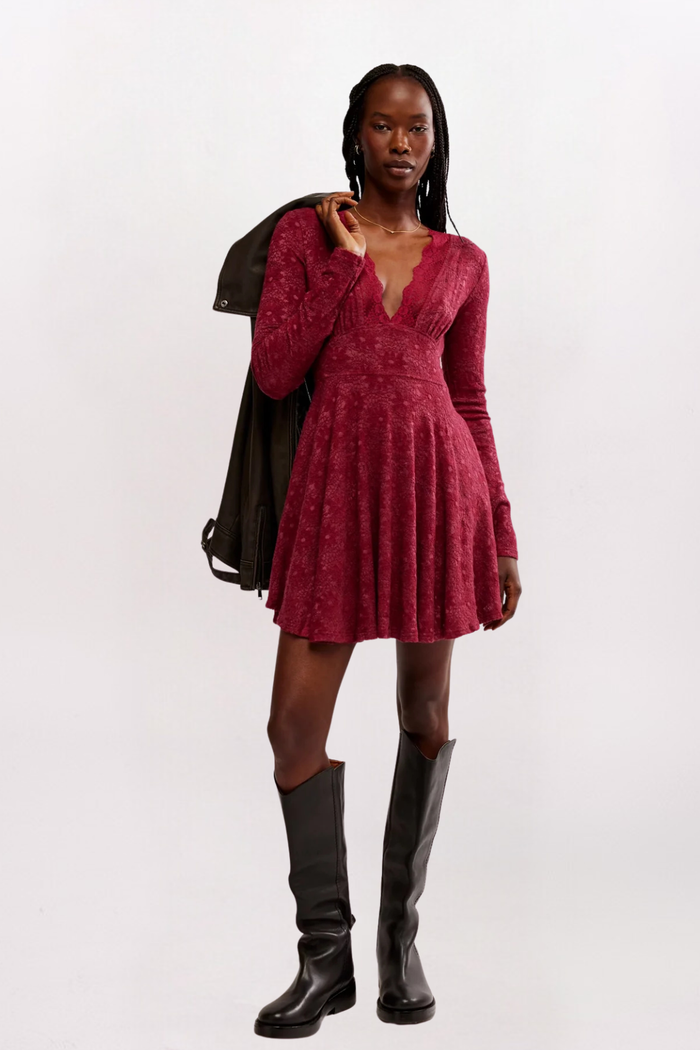 ALL YOURS LACE MINI DRESS - RED PLUM
