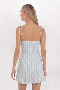 WALLPAPER FLORAL TIE SHOULDER FLUTTER HEM DRESS, BLUE