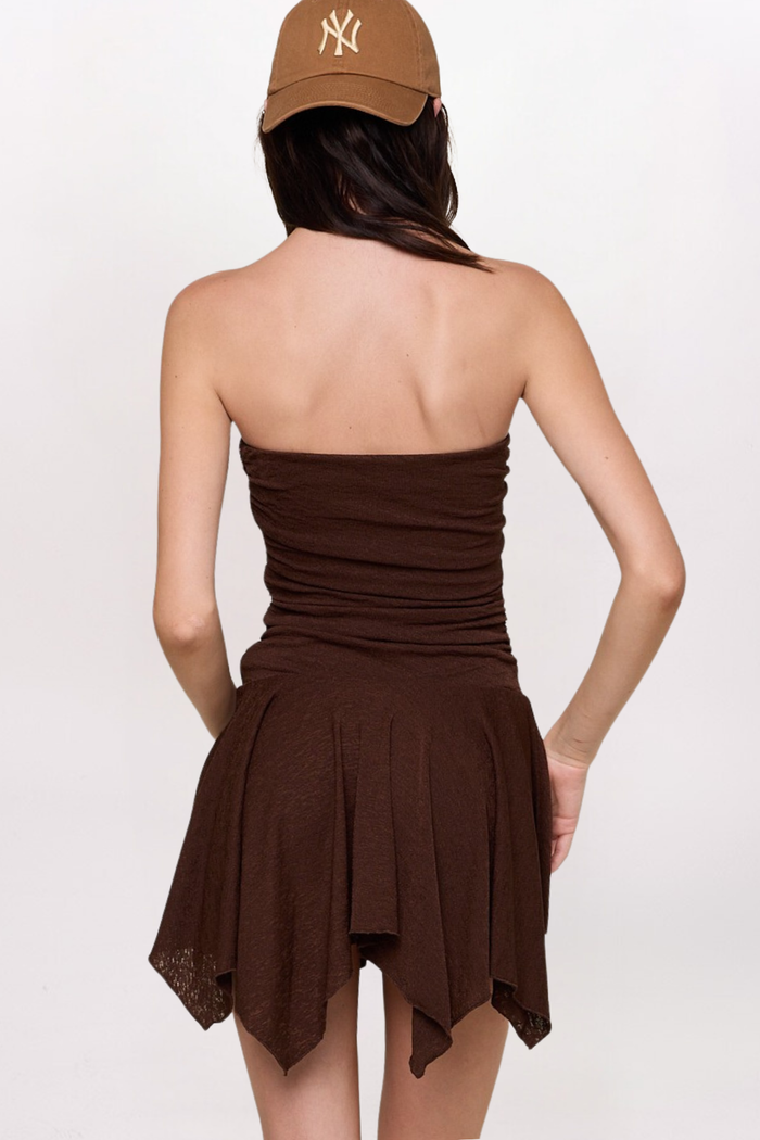 HANKY HEM RUCHED DRESS, CHOCOLATE