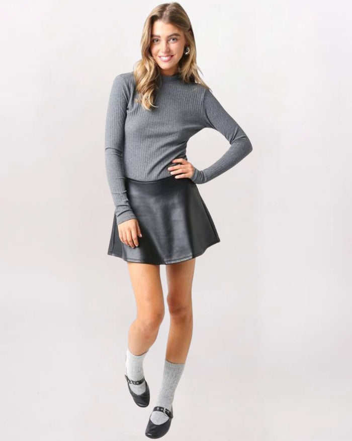 VEGAN LEATHER ALINE MINI SKIRT, BLACK