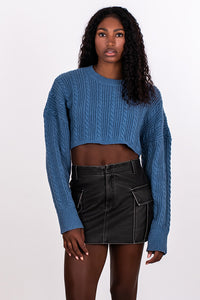 CABLE KNIT CROP SWEATER, VINTAGE BLUE