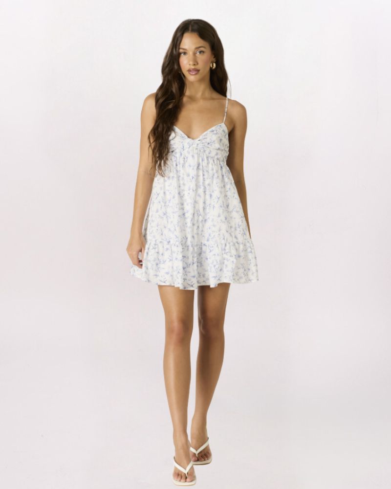 TWIST FRONT FLORAL OPEN BACK DRESS, WHITE