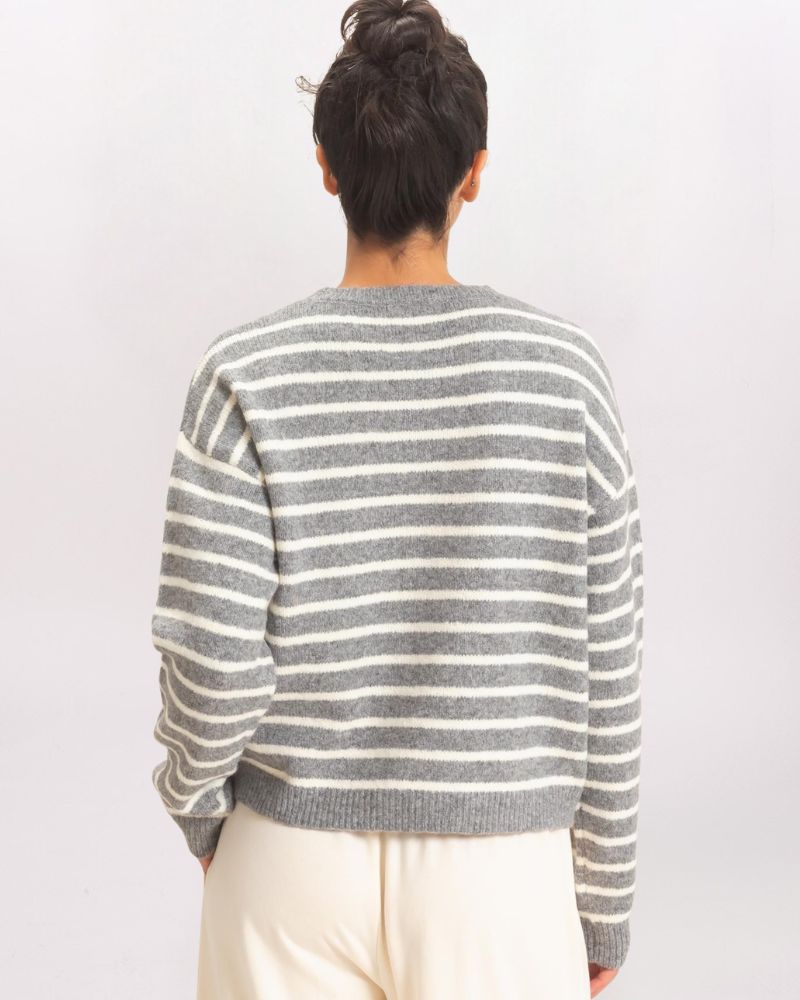 STRIPED CREW NECK SWEATER, H GRAY