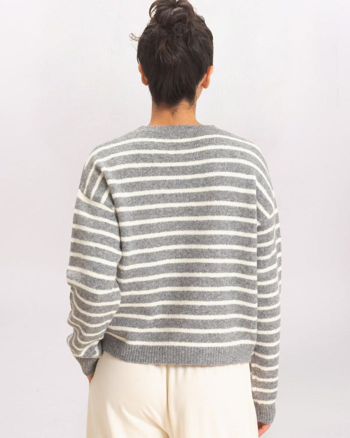 STRIPED CREW NECK SWEATER, H GRAY