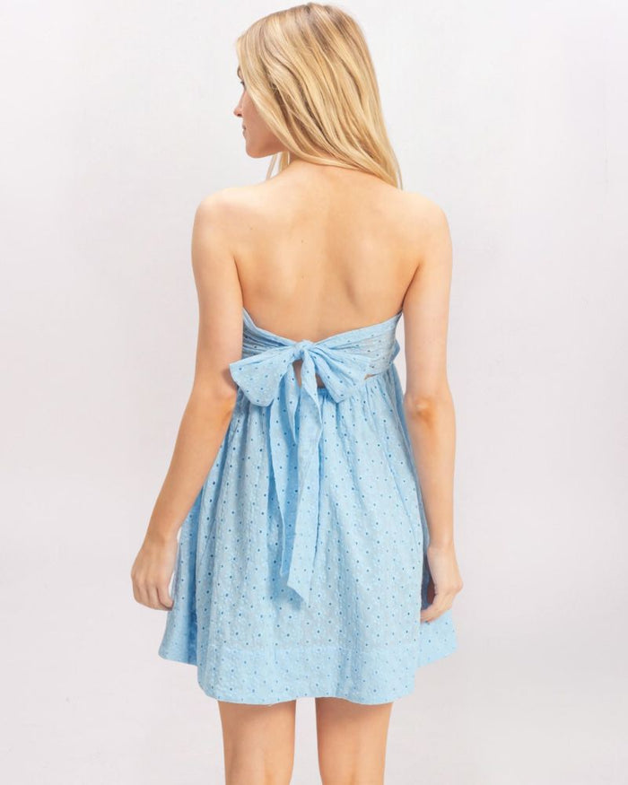 STRAPLESS TIE BACK SMOCKED DRESS, SKY BLUE